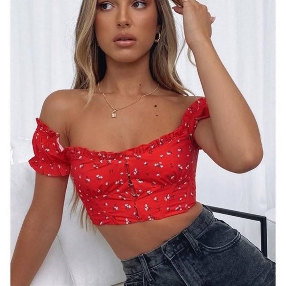 White Fox Red Floral Bustier Top